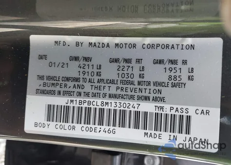 2021 Mazda Mazda3 Preferred from USA, damaged, VIN JM1BPBCL8M1330247